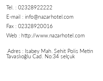 Nazar Hotel Seluk iletiim bilgileri